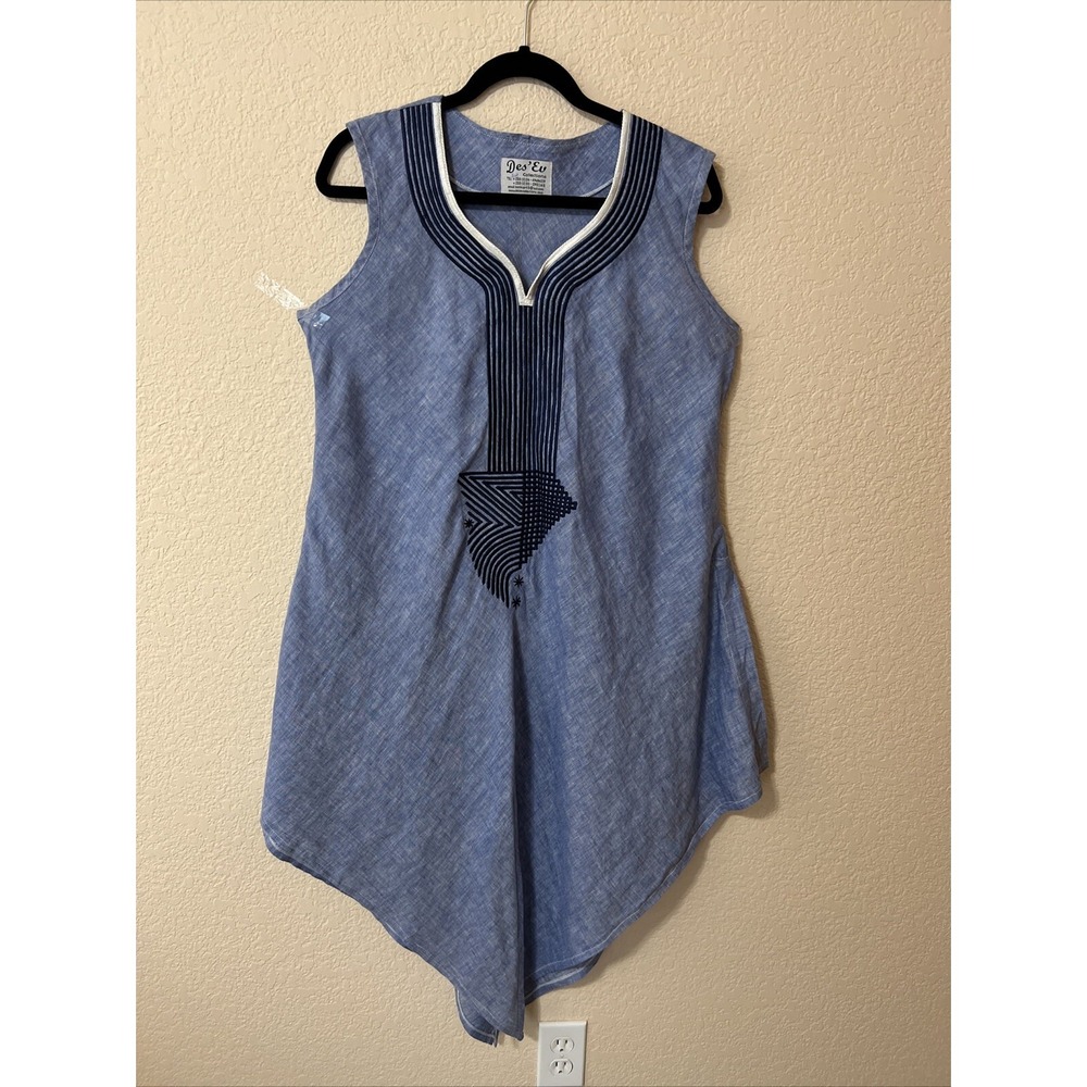 Des'Eu Collections Tunic Dress Sz XL Linen Blue Asymmetrical Hem Sleeveless